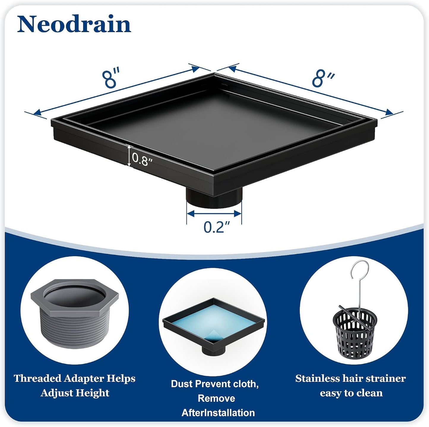 Neodrain 4" Brushed Square Shower Drain with Removable Tile Insert Grate | 304 Stainless Steel Tile Square Drain, Hidden Drain,Easy to Clean, Waterproof & Sturdy Shower Drain, CUPC Certified