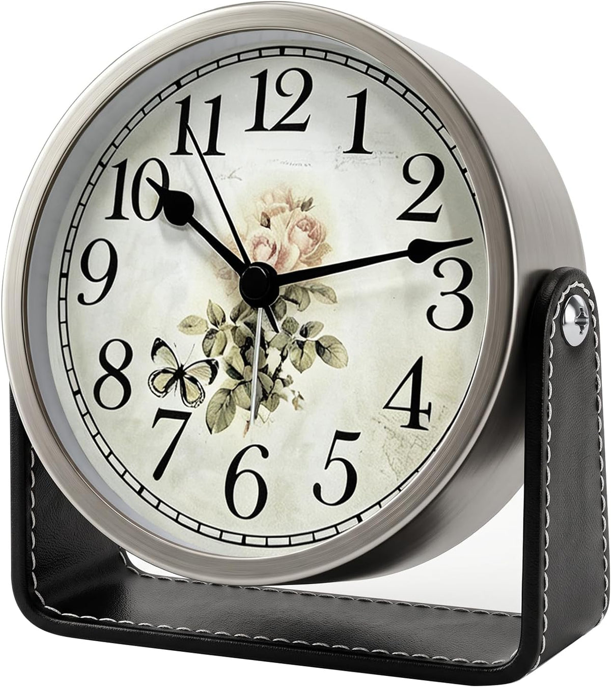 Analog Alarm Clock - 4.5" Silent Non Ticking Small Clock with Light, Rotatable Stand Metal Desk Clock Battery Operated, Simple Design for Living Room Decor/ Bedroom/Bedside/Shelf (Black & White)
