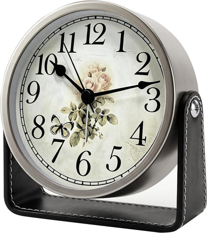 Analog Alarm Clock - 4.5" Silent Non Ticking Small Clock with Light, Rotatable Stand Metal Desk Clock Battery Operated, Simple Design for Living Room Decor/ Bedroom/Bedside/Shelf (Black & White)