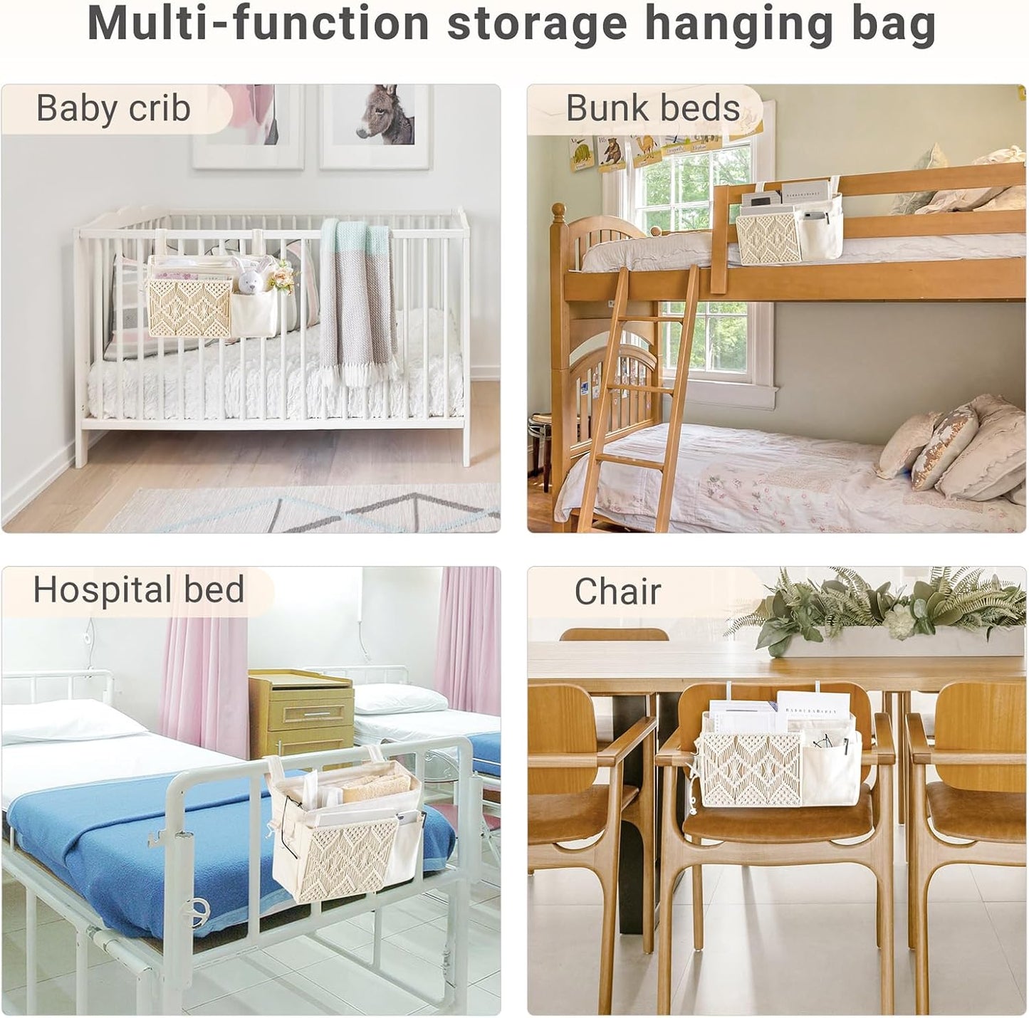 Mkono Bedside Caddy, Macrame Hanging Organizer, 4 Pockets Ivory Metal Hooks | Dorm Room Essentials, Boho Storage, Bunk Loft Bed Bedroom Nursery, Laptop Phone Remote Magazine Glasses, Fixed Straps