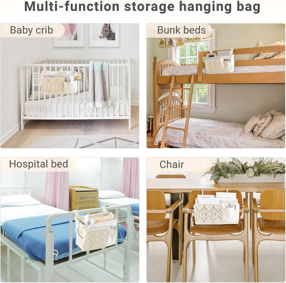 Mkono Bedside Caddy, Macrame Hanging Organizer, 4 Pockets Ivory Metal Hooks | Dorm Room Essentials, Boho Storage, Bunk Loft Bed Bedroom Nursery, Laptop Phone Remote Magazine Glasses, Fixed Straps