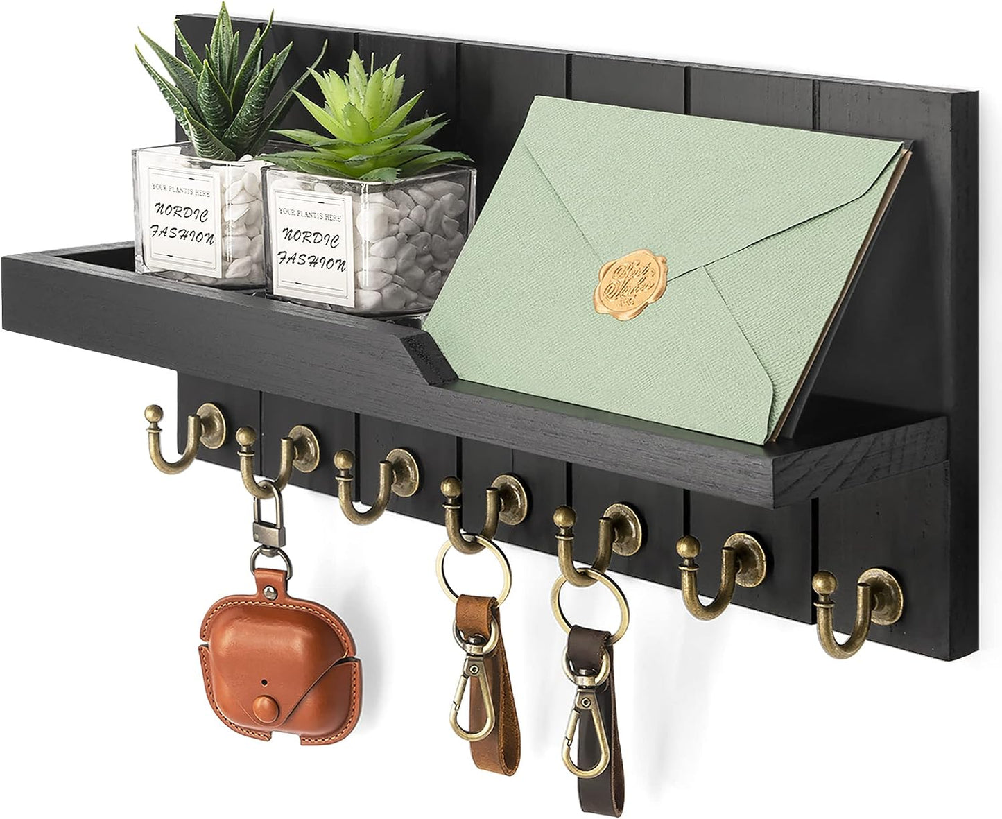 Rebee Vision Key Holder Wall Mount with 5 Key Hooks for Home Decor, Brown | 3.54'' x 10'' x 7.28'', Small Shelf for Display Plant, Key Hangers for Hat, Entryway Space-Saving Storage