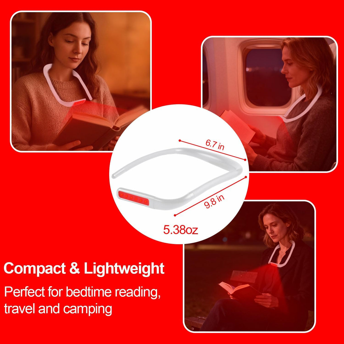 630nm Red Neck Reading Light - Zero Blue Light, Rechargeable Dimmable Portable LED Red Neck Book Lamp for Reading, Crafts, Knitting, Crochet at Night, Ideal Gift for Readers and Craft Lovers