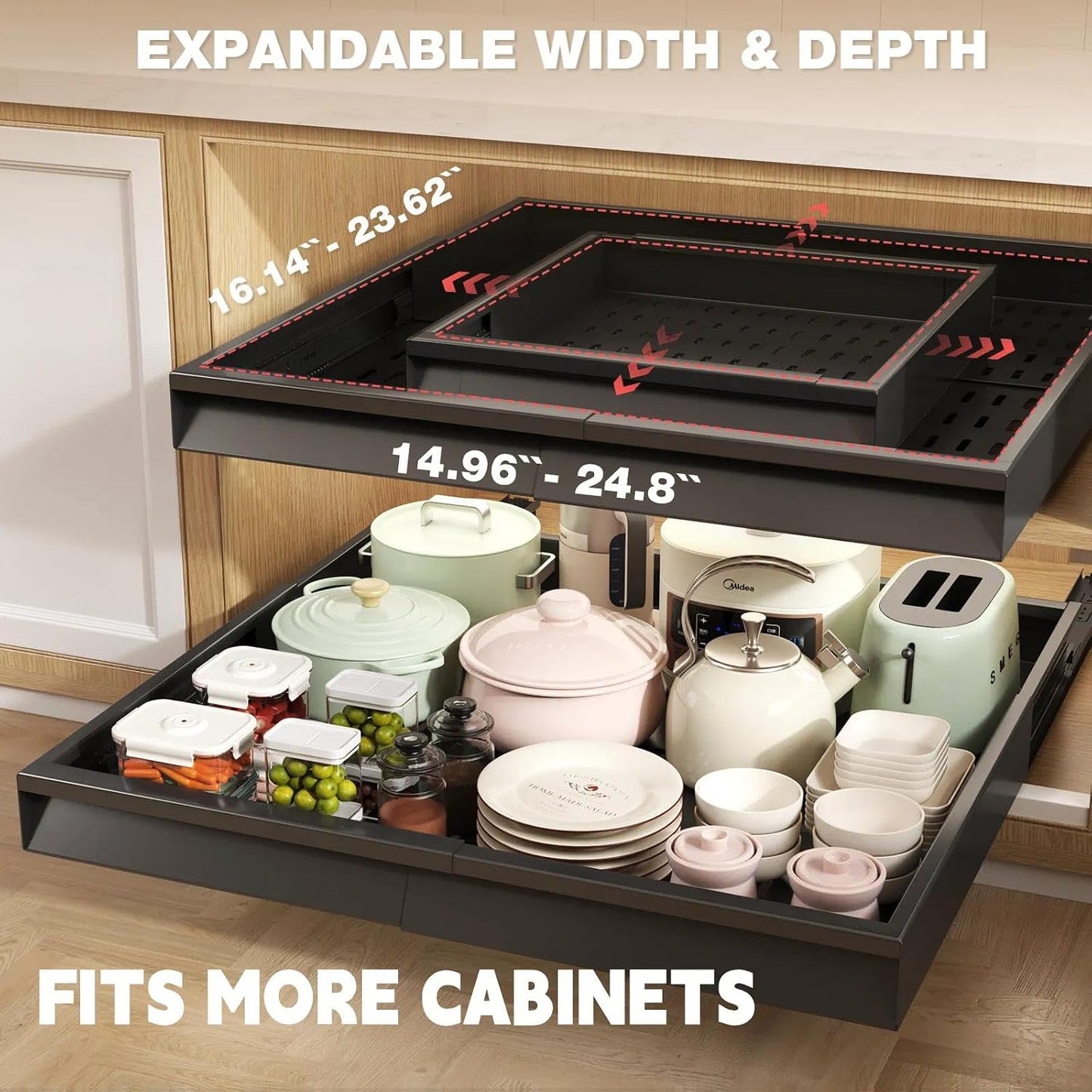 Seinloes Pull Out Cabinet Organizer, 4-Side Expandable to Fit Most Cabinets, 3 Rail Slide Out Drawers with Raising Pad for Framed & Frameless Cabinets, 13"-21" W x 17"-24" D, White, 2 Pack