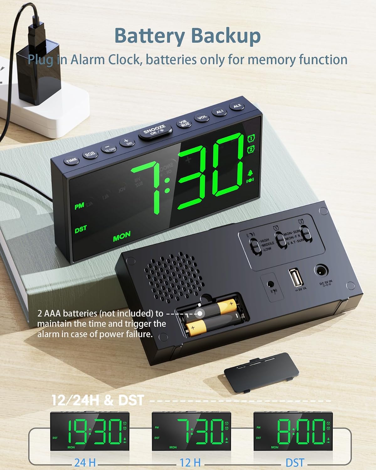 Roxicosly Vibrating Alarm Clock with Bed Shaker for Heavy Sleepers, 3-Level Vibration, Dual Alarms with Weekday & Weekend Mode, Large Digits, Dimmer, Snooze, USB Charger, Battery Backup