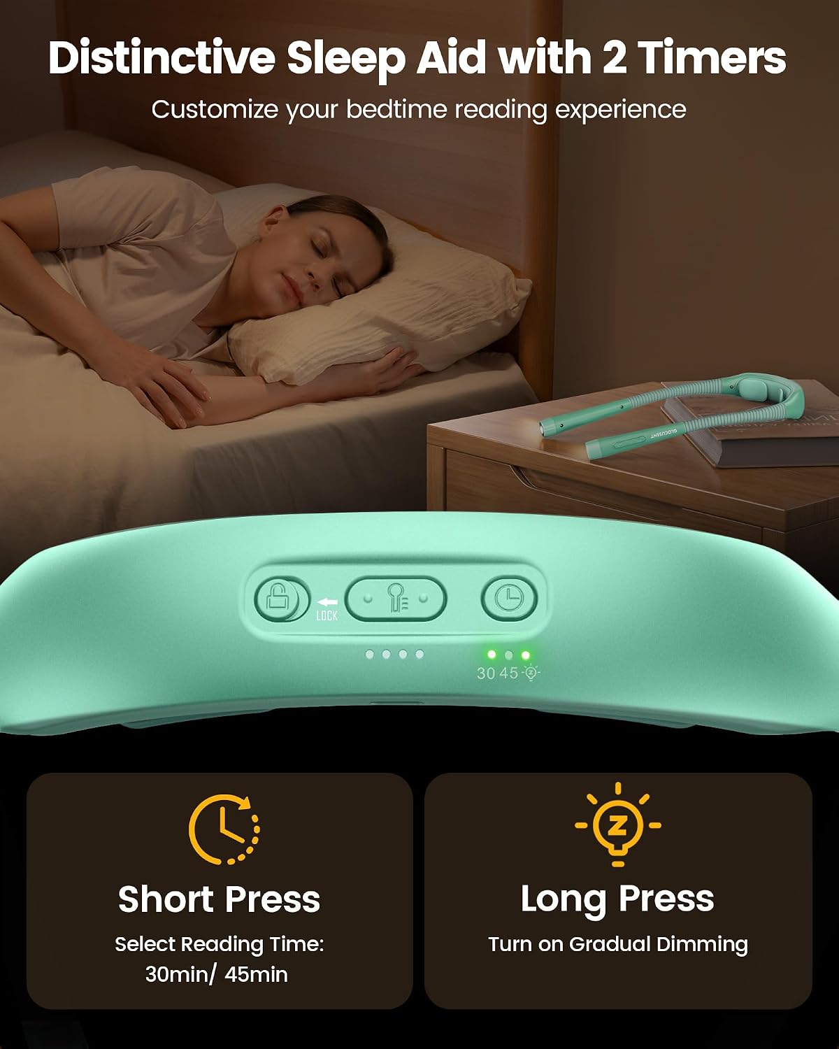 Glocusent Neck Light with Timer, 100 Hours Book Light for Bedtime Reading | Neck Reading Light, 3-Color, 5 Brightness, Bendable, Ergonomic, 1600mAh, Rechargeable, Eye Care, Sleep Aid, Travel Lock, Gift