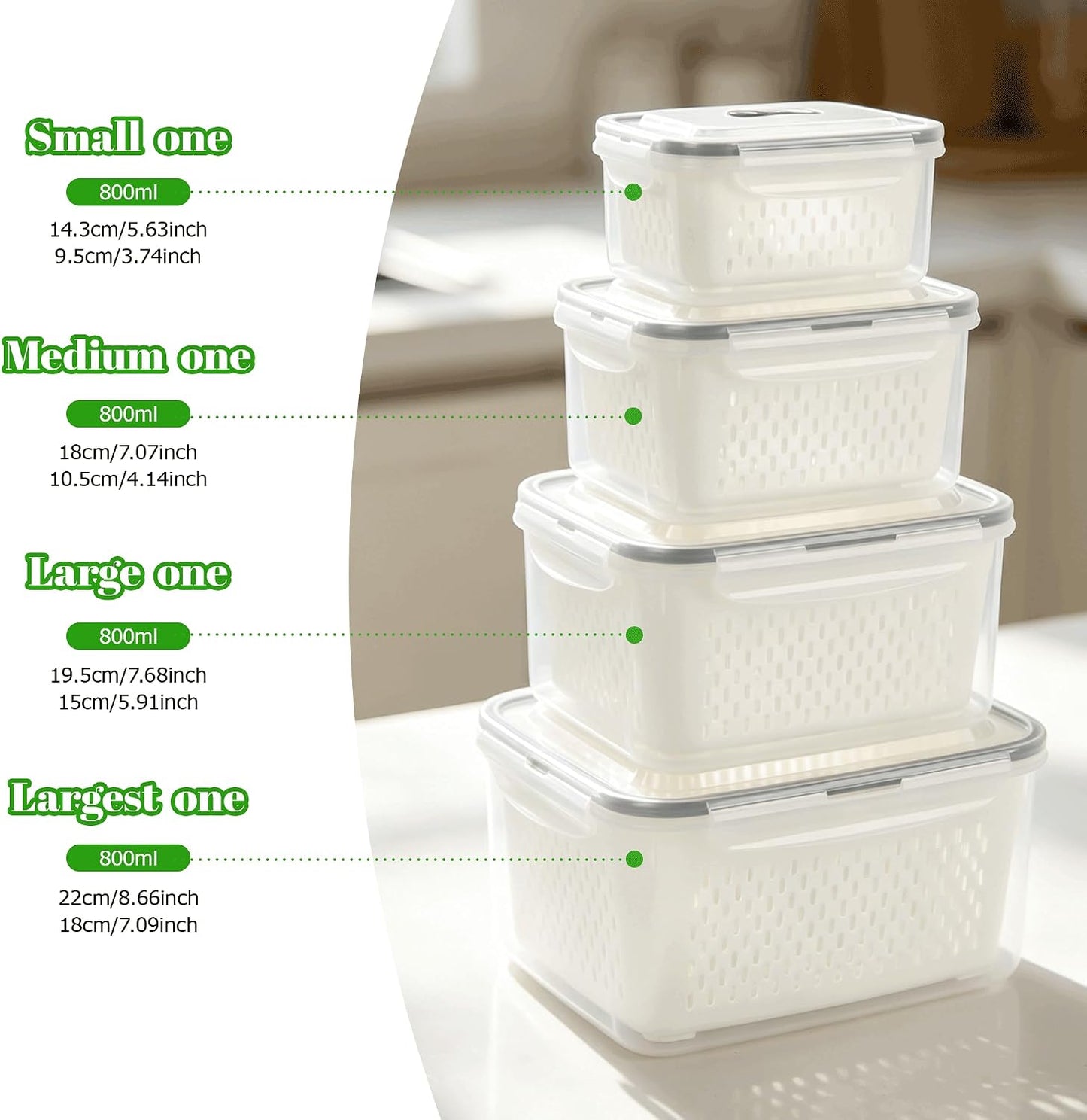 KUK 4 Pack Fruit Storage Containers for Fridge, Leakproof Food Containers with Removable Colander, Fruit Containers for Fridge BPA Free Produce Containers Keep Vegetables Berry Meat Fresh Longer