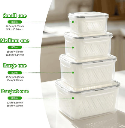 KUK 4 Pack Fruit Storage Containers for Fridge, Leakproof Food Containers with Removable Colander, Fruit Containers for Fridge BPA Free Produce Containers Keep Vegetables Berry Meat Fresh Longer
