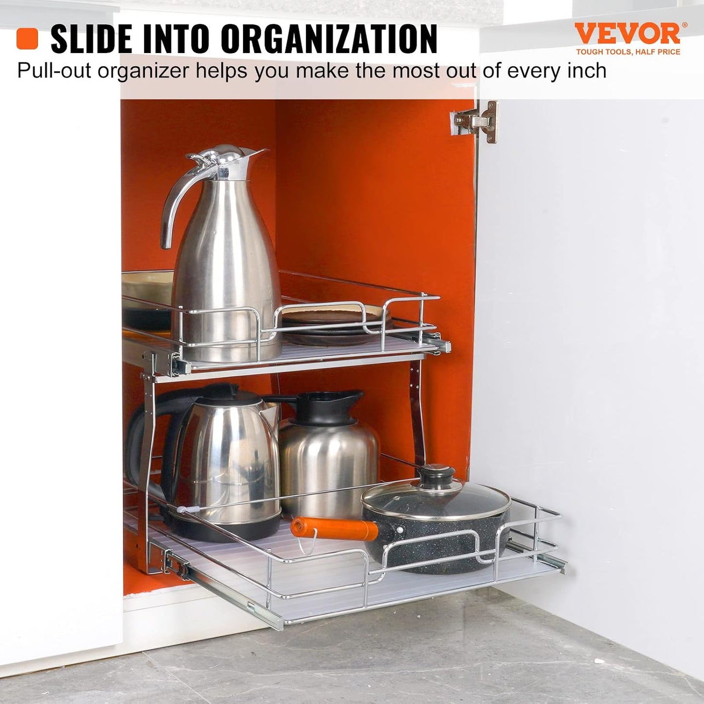 VEVOR Pull Out Cabinet Organizer, 14" Wx21.2 Dx15.2 H Heavy 2 Tier Duty Slide Out Pantry Shelves, Chrome-Plated Steel Roll Out Drawer for Under Sink, 15.5" Wx22.5 Dx19 H Install Size for Cabinet