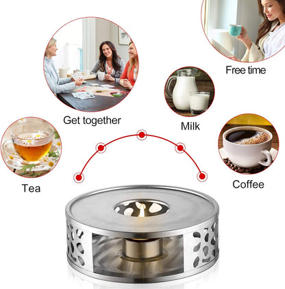 Teapot Warmer with Hollow Frame Design Candle Holder Stainless Steel Coffee Warmer Base for Glass Teapot and Other Heatproof Dish Warming Use