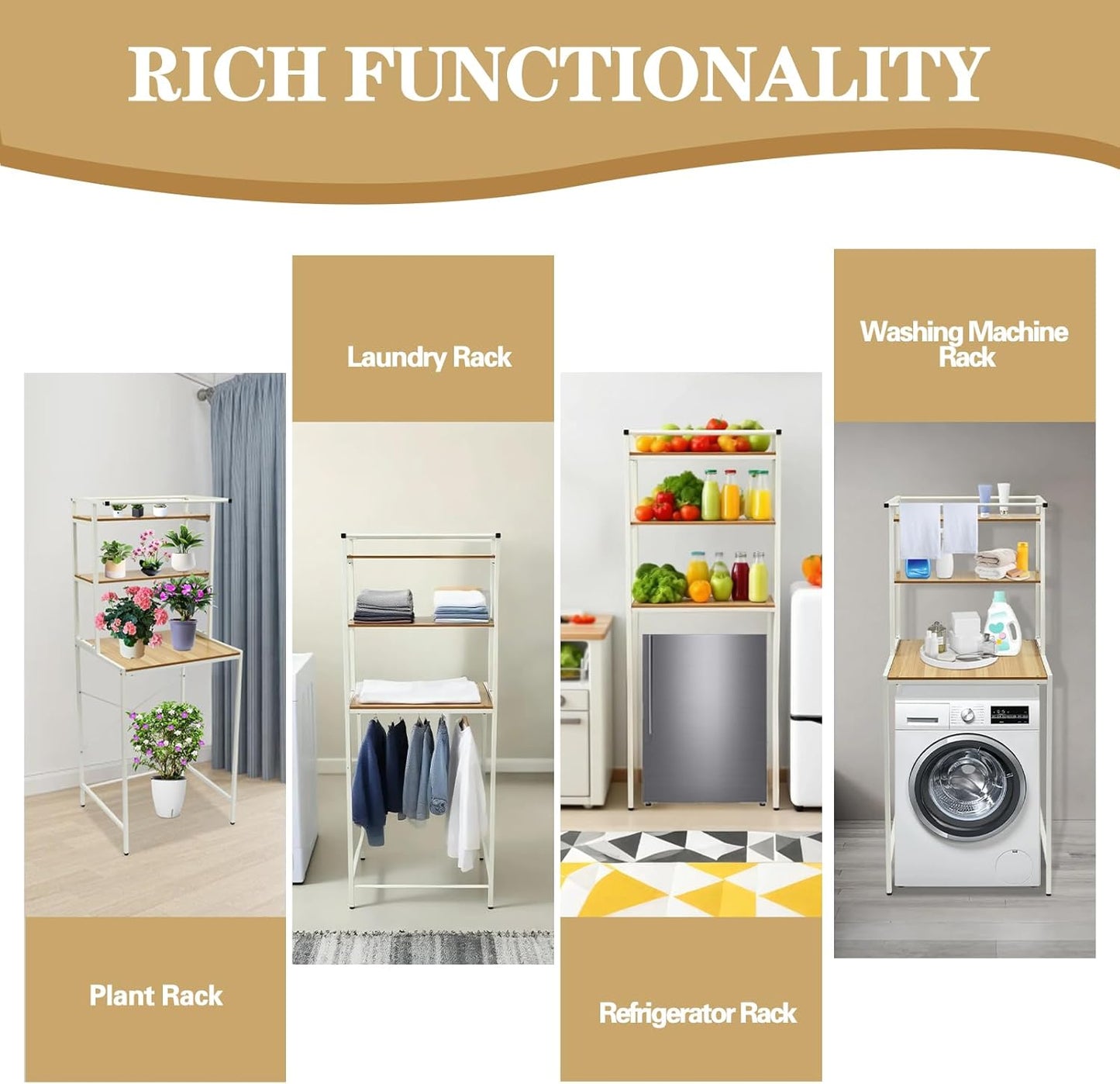 Washer and Dryer Storage Rack, 3 Tier Over The Washer and Dryer Storage Shelf, Bathroom Space Saving Organizer Shelves Space Saver Standing Rack for Bathrooms, Laundry Rooms (White+ Log)