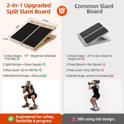 Slant Board for Exercise, Split Calf Stretcher for Physical Therapy | Split design for shoulder-width stance, single-leg rehab, ankle mobility, squats, non-slip wood, adjustable incline.