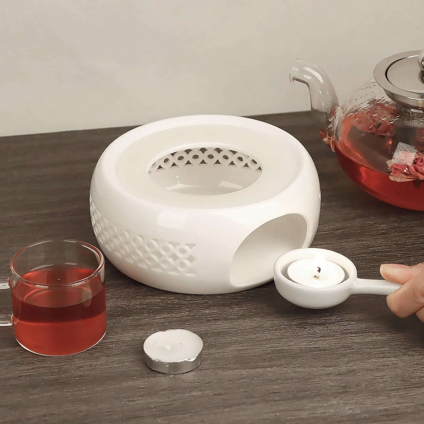 Teapot Warmer, Ceramic Tea Warmer with Tealight Holder, Teapot Heater for Heating Tea, Coffee, Milk, Tea Light Warmer, Suitable for All Teapots