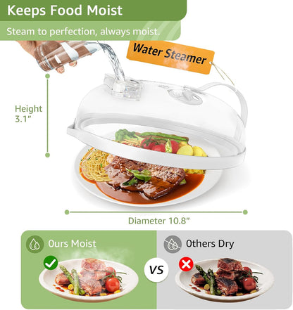 Microwave Splatter Cover with Water Steamer for Food - 10 Inch Steam Microwave Splatter Guard with Handle Plate Covers for Heating Food Splash Oven Lid with Built in Steamer