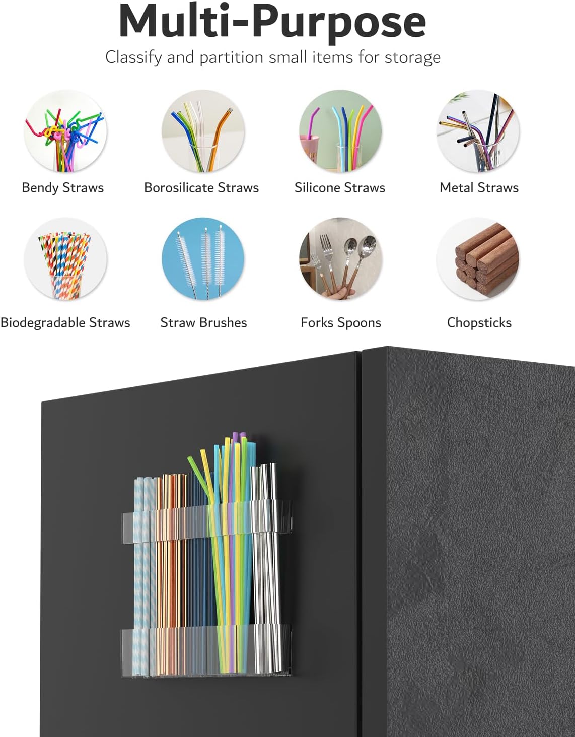 Upgraded 9.5'' Large Acrylic Straw Holder for Cabinet Door, Adjustable Space-Saving Straw Organizer Storage Dispenser for Cabinet with Ultra Sticky Adhesive Strips, 2-Part Rack, Drainage Holes