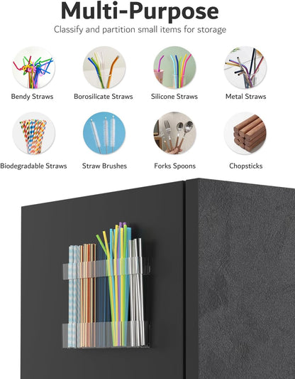 Upgraded 9.5'' Large Acrylic Straw Holder for Cabinet Door, Adjustable Space-Saving Straw Organizer Storage Dispenser for Cabinet with Ultra Sticky Adhesive Strips, 2-Part Rack, Drainage Holes