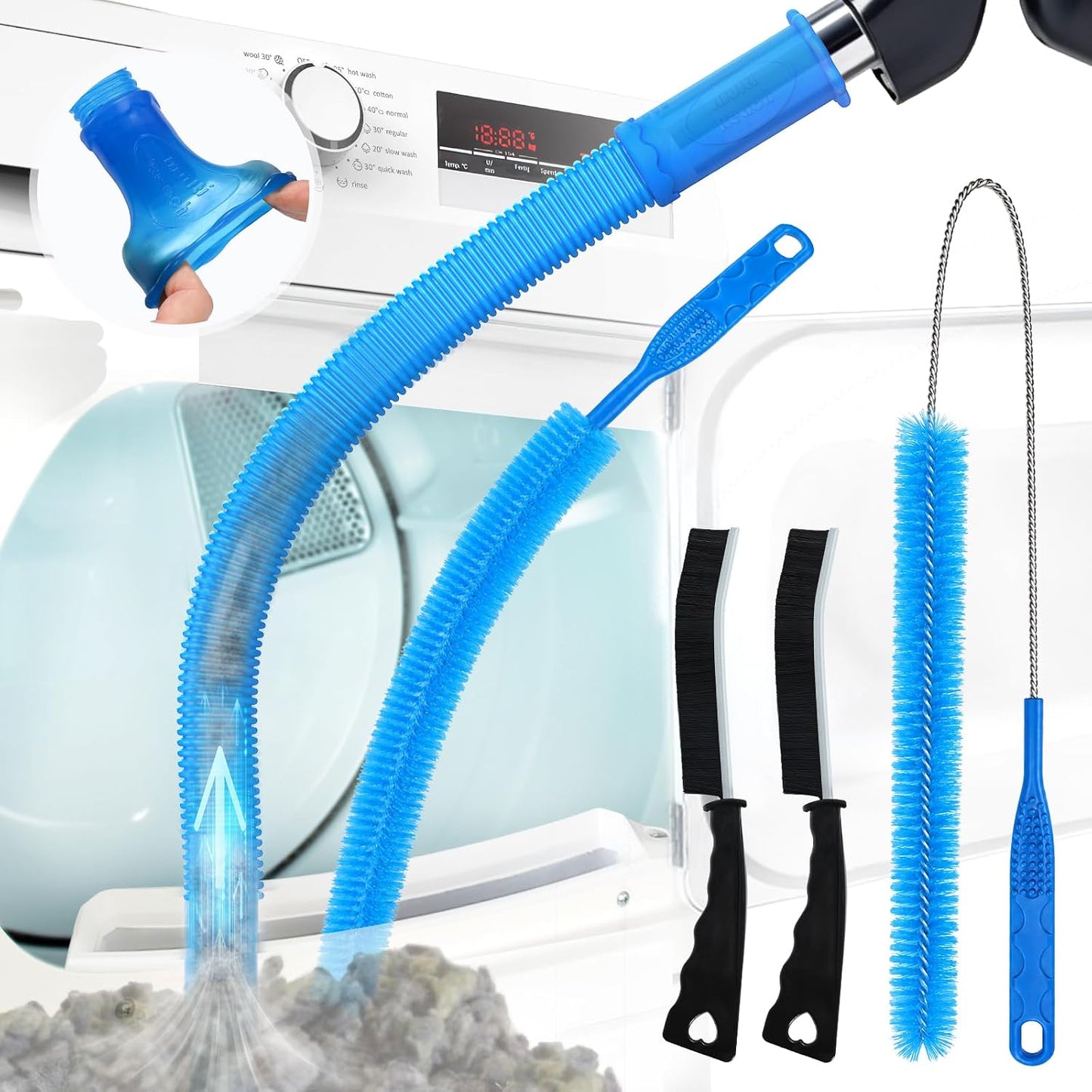 Sealegend 5Pack Dryer Vent Cleaner Kit Vacuum Hose Attachment & Brush Blue | Whistle-Free Hose | Universal Connector Fits Most Vacuums | 4 Brushes for Dryer Vents, Refrigerator Coils, Drains & Sinks