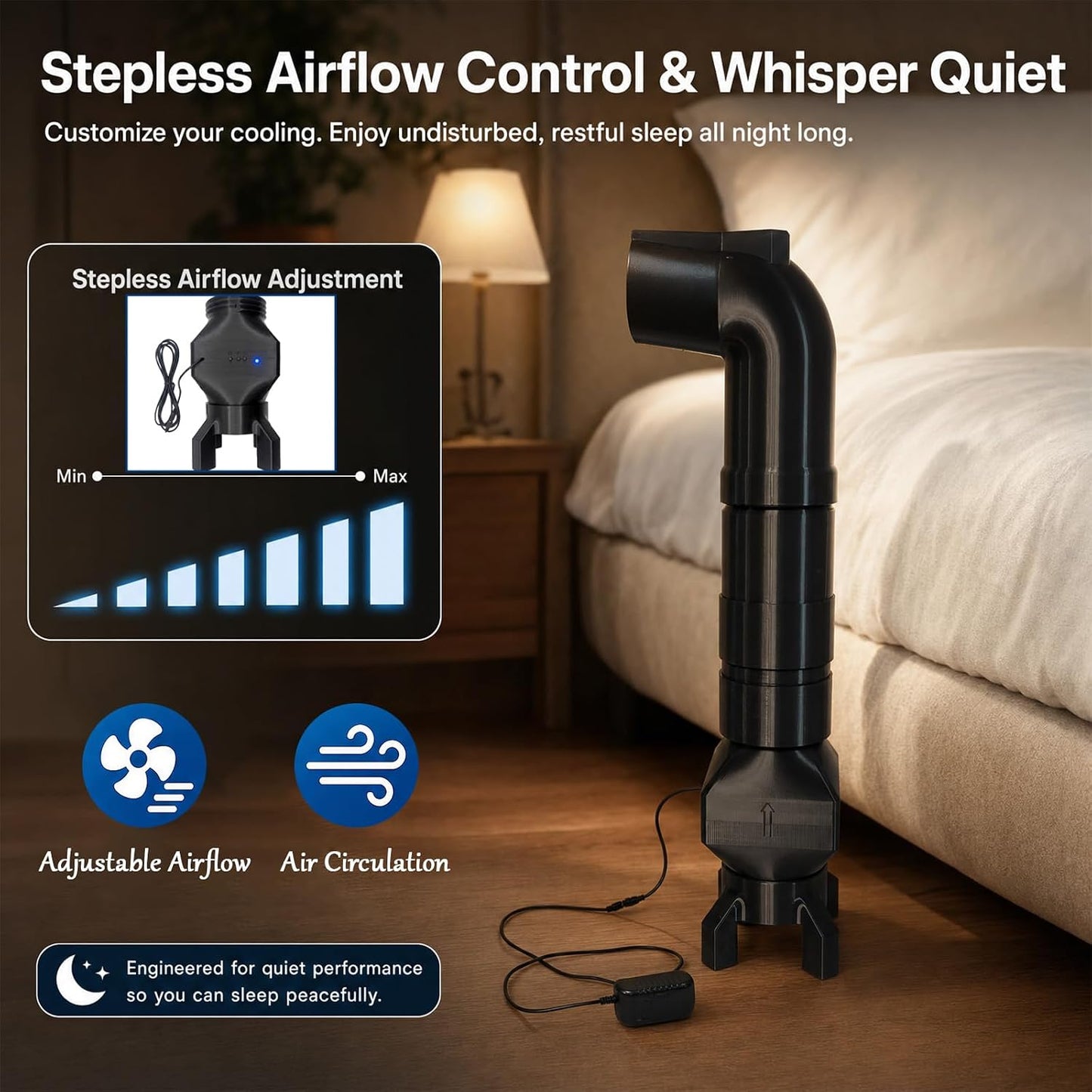 Bed Cooling Fan Under Sheets,Adjustable Bed Cooling System for Hot Sleepers | Adjustable speed buttons on fan surface,Powerful airflow under sheets,targeted room-temperature airflow sleep cooler