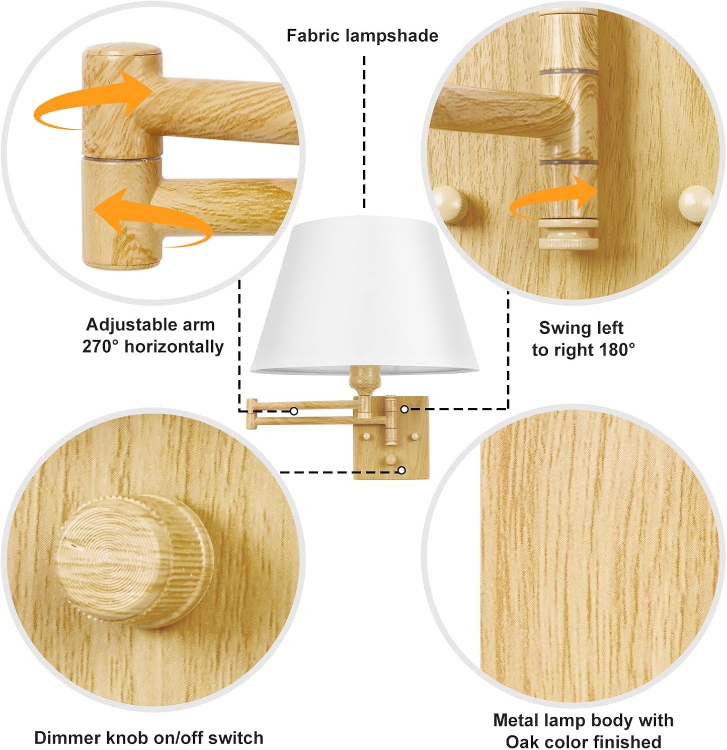 TRLIFE Wall Sconce Plug in, Dimmable Wall Sconces Set of Two Swing Arm Wall Lights with Plug in Cord and On/Off Dimmer Rotary Switch, 9.4" Medium Beige Fabric Shade(2 Pack, 2 Bulbs)