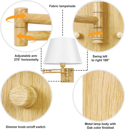 TRLIFE Wall Sconce Plug in, Dimmable Wall Sconces Set of Two Swing Arm Wall Lights with Plug in Cord and On/Off Dimmer Rotary Switch, 9.4" Medium Beige Fabric Shade(2 Pack, 2 Bulbs)