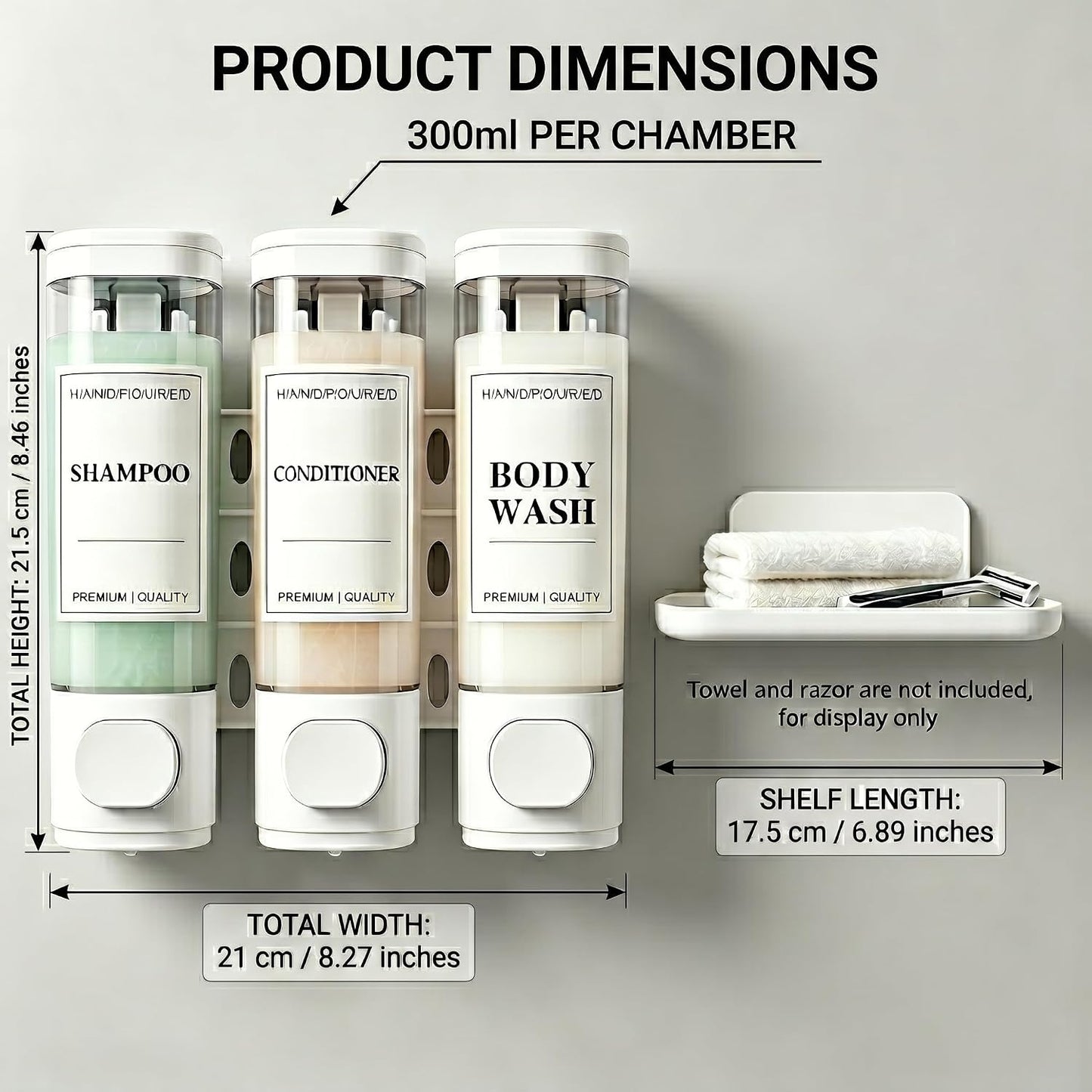 Shampoo and Conditioner Dispenser, Wall-Mounted Shower Soap Dispenser, 3 in 1 No Drill Wall Mounted Soap Dispenser, Large Capacity Triple Refillable Bottles for Bathroom, Hotel, Gym (White)