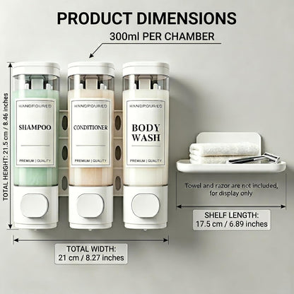 Shampoo and Conditioner Dispenser, Wall-Mounted Shower Soap Dispenser, 3 in 1 No Drill Wall Mounted Soap Dispenser, Large Capacity Triple Refillable Bottles for Bathroom, Hotel, Gym (White)
