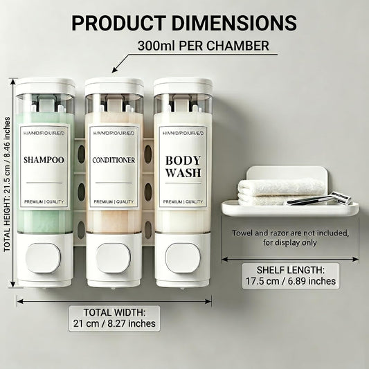 Shampoo and Conditioner Dispenser, Wall-Mounted Shower Soap Dispenser, 3 in 1 No Drill Wall Mounted Soap Dispenser, Large Capacity Triple Refillable Bottles for Bathroom, Hotel, Gym (White)