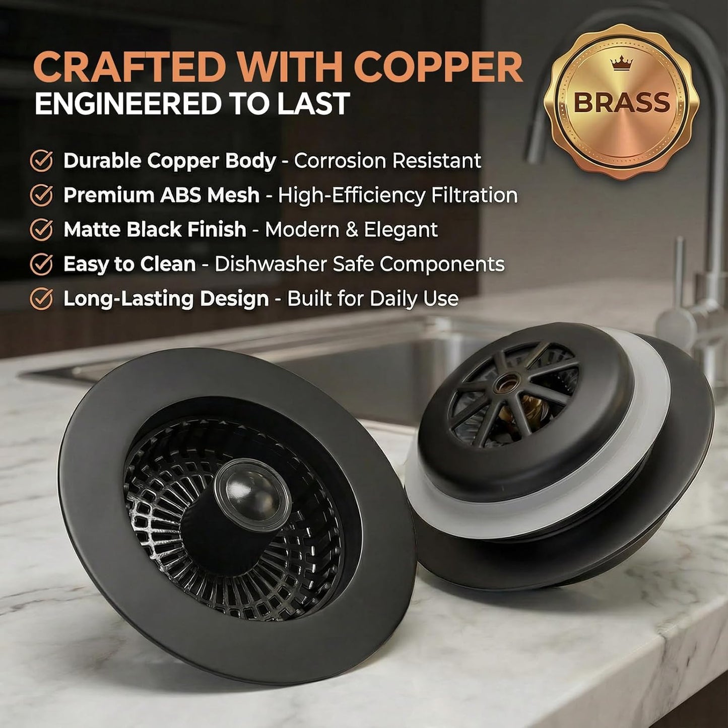 Solid Brass Body 3-in-1 Kitchen Sink Drain Strainer & Stopper, Heavy Duty Pop Up Plug Assembly with 2 Baskets, Anti-Clog Replacement for US Standard 3-1/2 Inch Drains, Rust-Proof Silver