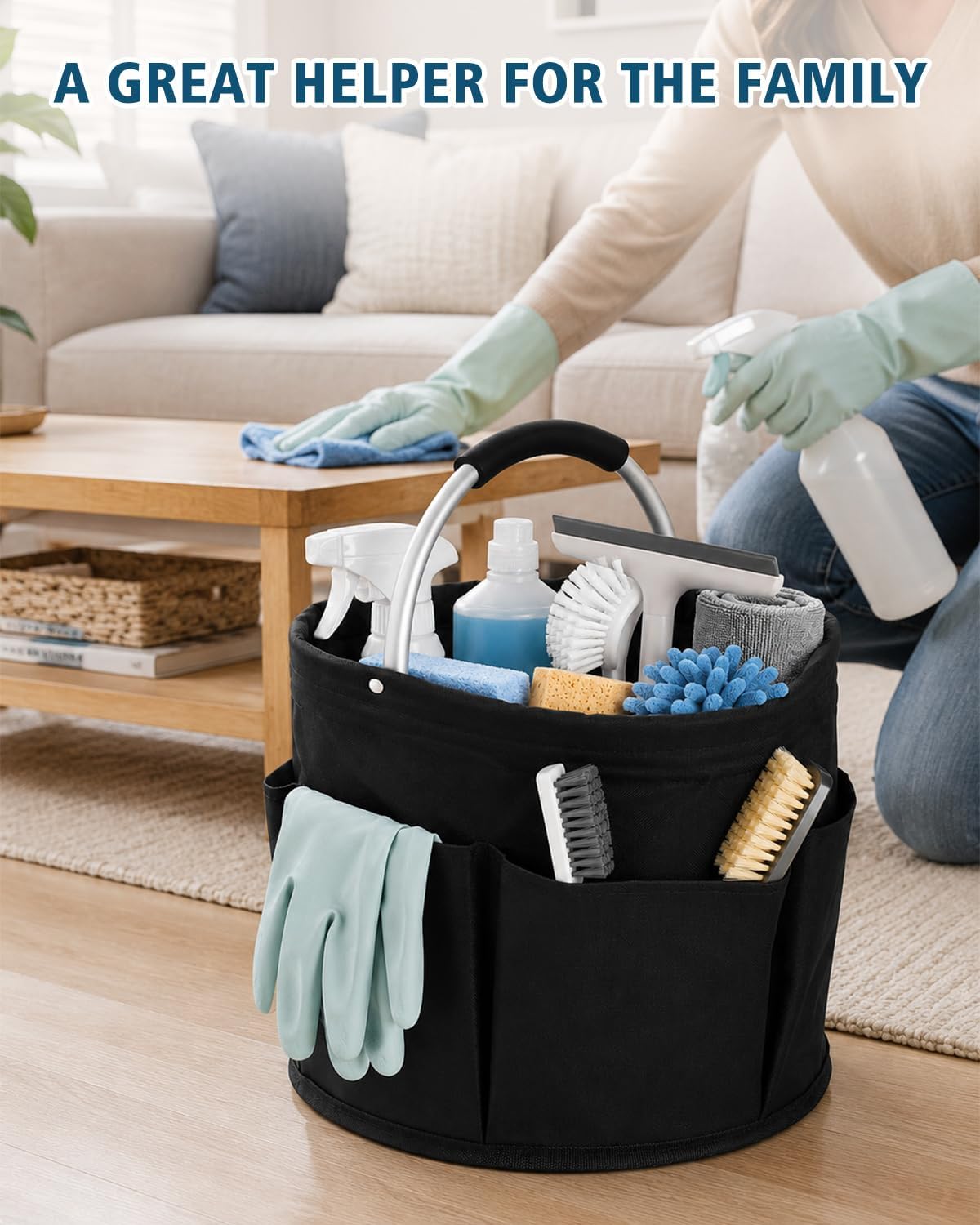 RAYBIN 17L Cleaning Caddy for Cleaning Supplies, Foldable Cleaner Basket | Housekeeping Products Organizer with Handle, Portable Large Storage Bucket for Home, Garden, Outdoor, Camping