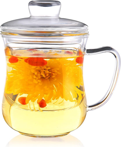 CNGLASS 12oz Double Walled Glass Tea Cup with Stainless Steel Infuser and Lid,Borosilicate Glass Tea Infuser Mug for Loose Tea,Teabag,Set of 1
