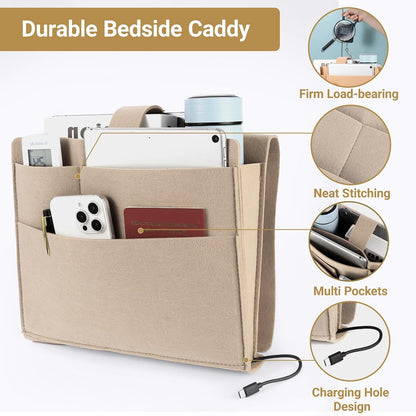 Seefoo Bed Caddy Organizer, Bunk Bed Shelf Caddy with 4 Pockets Grey | Easy Storage, Magazine Holder, Sturdy Bedside Organizer, Strong-Grip Loop Tape Sticky, for Bed, Bunk, Dorm, Sofa