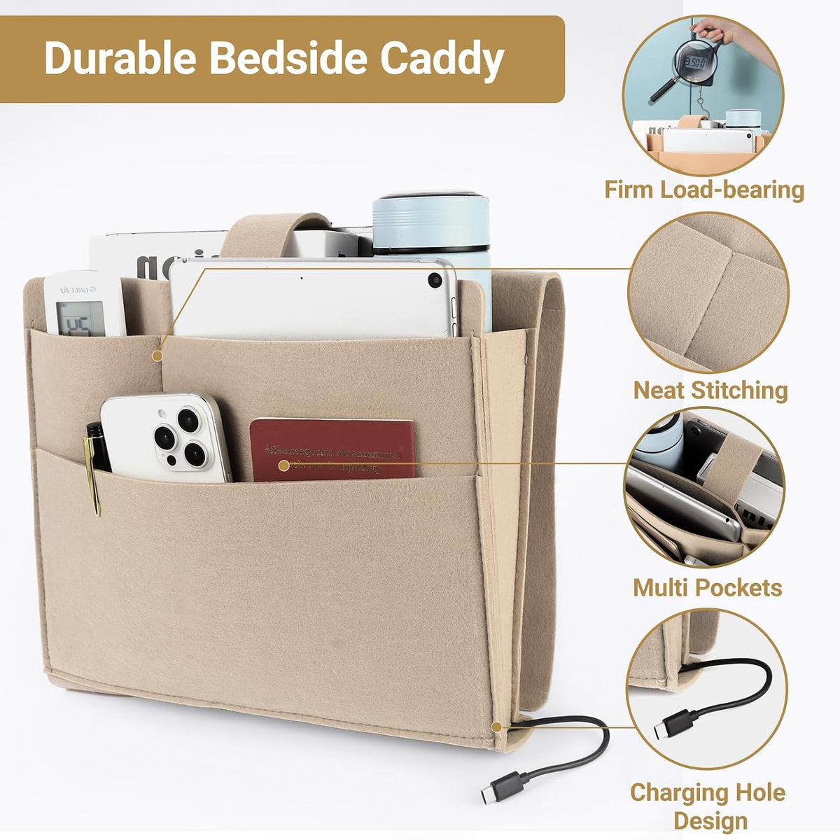 Seefoo Bed Caddy Organizer, Bunk Bed Shelf Caddy with 4 Pockets Grey
