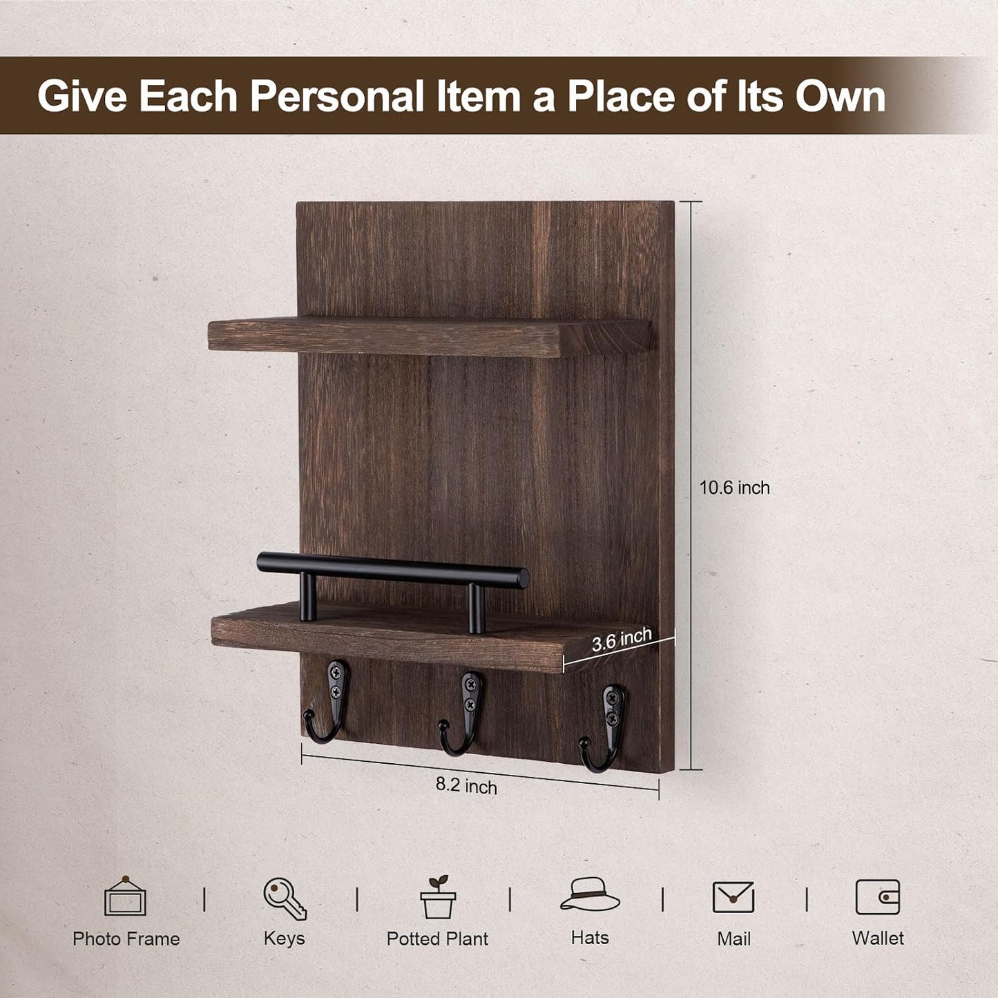 Key Holder Wall Mount, Mail Shelf Decor with 3 Key Hooks, Versatile Wood Wall Organizer for Entryway Hallway (8.2” x 10.6”x 3.6”) (White) | Farmhouse Key Hanger Holds Dog Leash, Sunglasses – Decorative Mail Organizer Home Decor