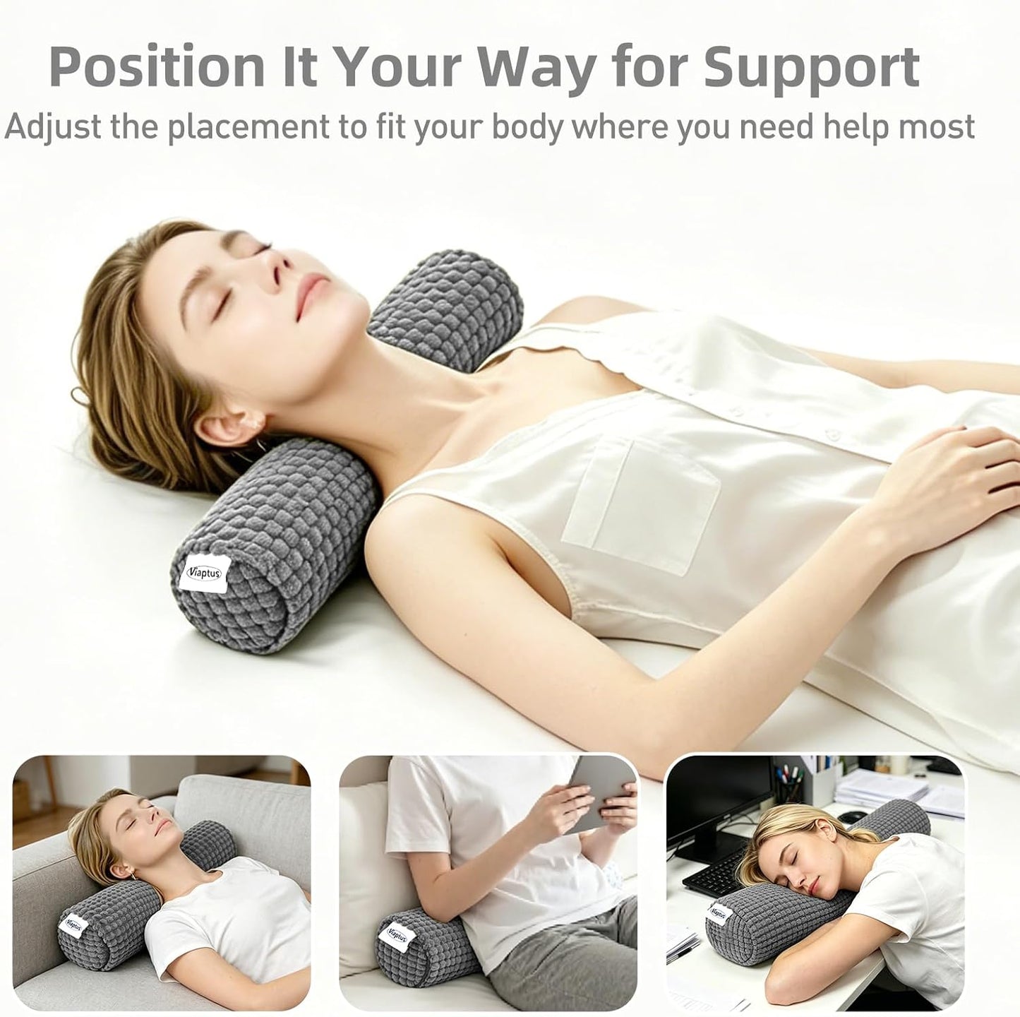 Cervical Pillow for Neck Pain, Memory Foam Neck Roll & Support Pillow for Sleeping, Travel, Office, with Removable Washable Cover, Size 17.7 x 4 Inches (Grey)