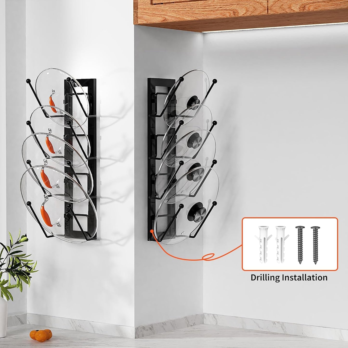 Cisily 8 Layers of Adjustable Pot Lid Organizer Rack for Cabinet Door/Wall，2Pack Lid Organizer Pots and Pans Holder for Kitchen Storage with No Drilling Adhesive 5.7 W“(Black)