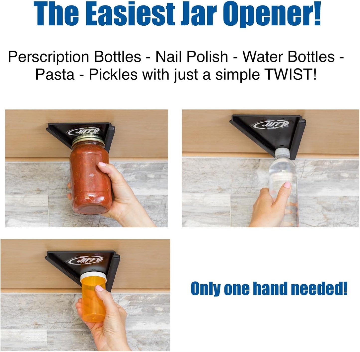 Jar Opener - Effortless Opener for Any Size Bottle or Jar | Mounts Under Cabinet with Industrial Adhesive - Zero Slip Blade Protector - Must Have for Seniors & Arthritis Made In USA