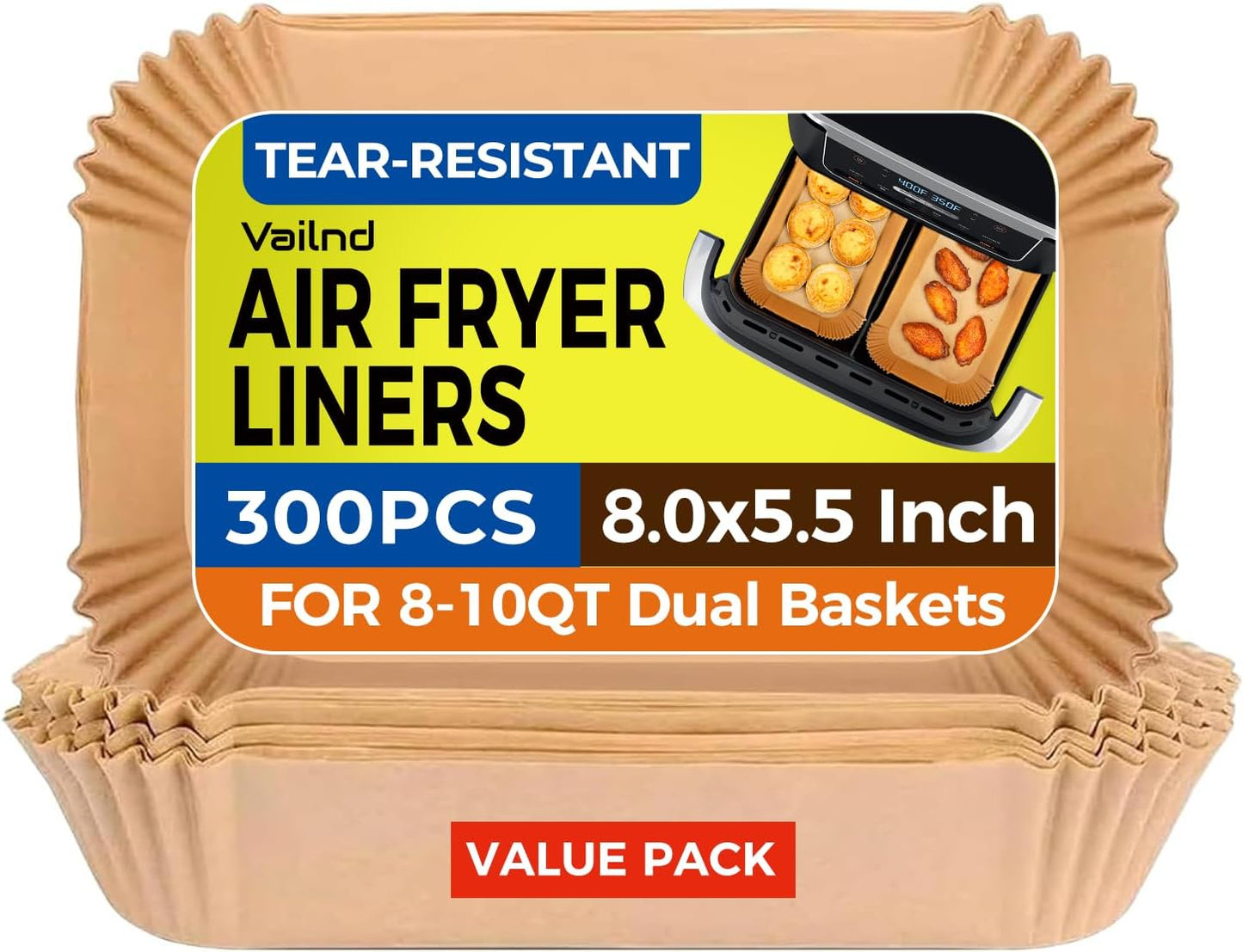 Vailnd Air Fryer Paper Liners, 200pcs Air Fryer Liners Disposable 8" Square | Baking Paper Liner for 5-8 qt Airfryer Basket, Non-stick and Oil Proof Parchment Paper for Oven, Pans & Baking