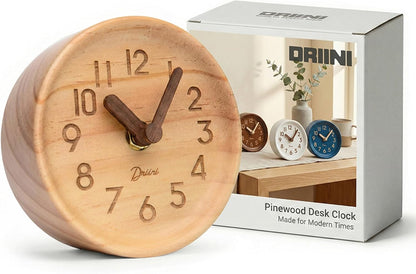 Driini Small, Silent Wooden Analog Desk Clock for Shelf or Table, Dark
