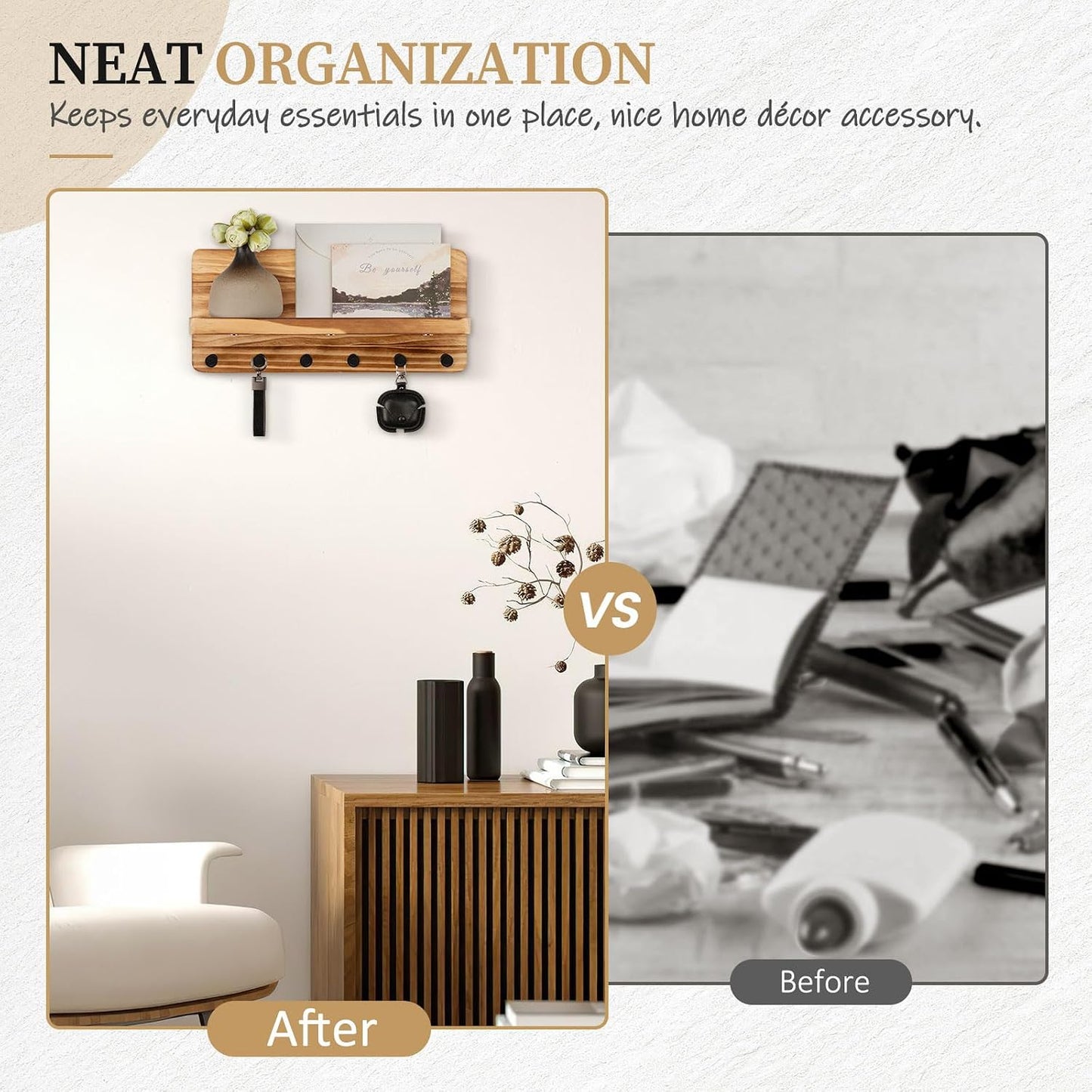 Nekon Key Holder for Wall with Shelf, Pine Wooden Key Hanger, Black | Small Wall Mounted Key Holder with 4 Hooks, Farmhouse Wall Organizer for Home Entryway & Apartment