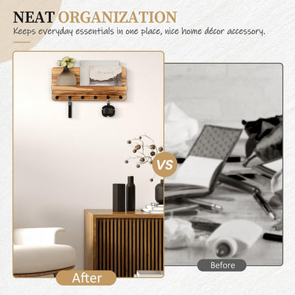 Nekon Key Holder for Wall with Shelf, Pine Wooden Key Hanger, Black | Small Wall Mounted Key Holder with 4 Hooks, Farmhouse Wall Organizer for Home Entryway & Apartment