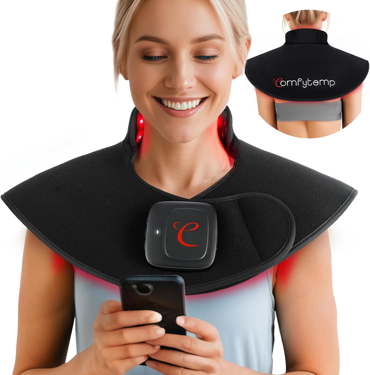 Comfytemp Cordless Red Light Therapy for Neck Shoulder, 19W, 660nm & 850nm | Wearable Flexible Near Infrared Light Wrap for Body, Wireless Portable Light Cape for Upper Back Muscle, Home Office Use