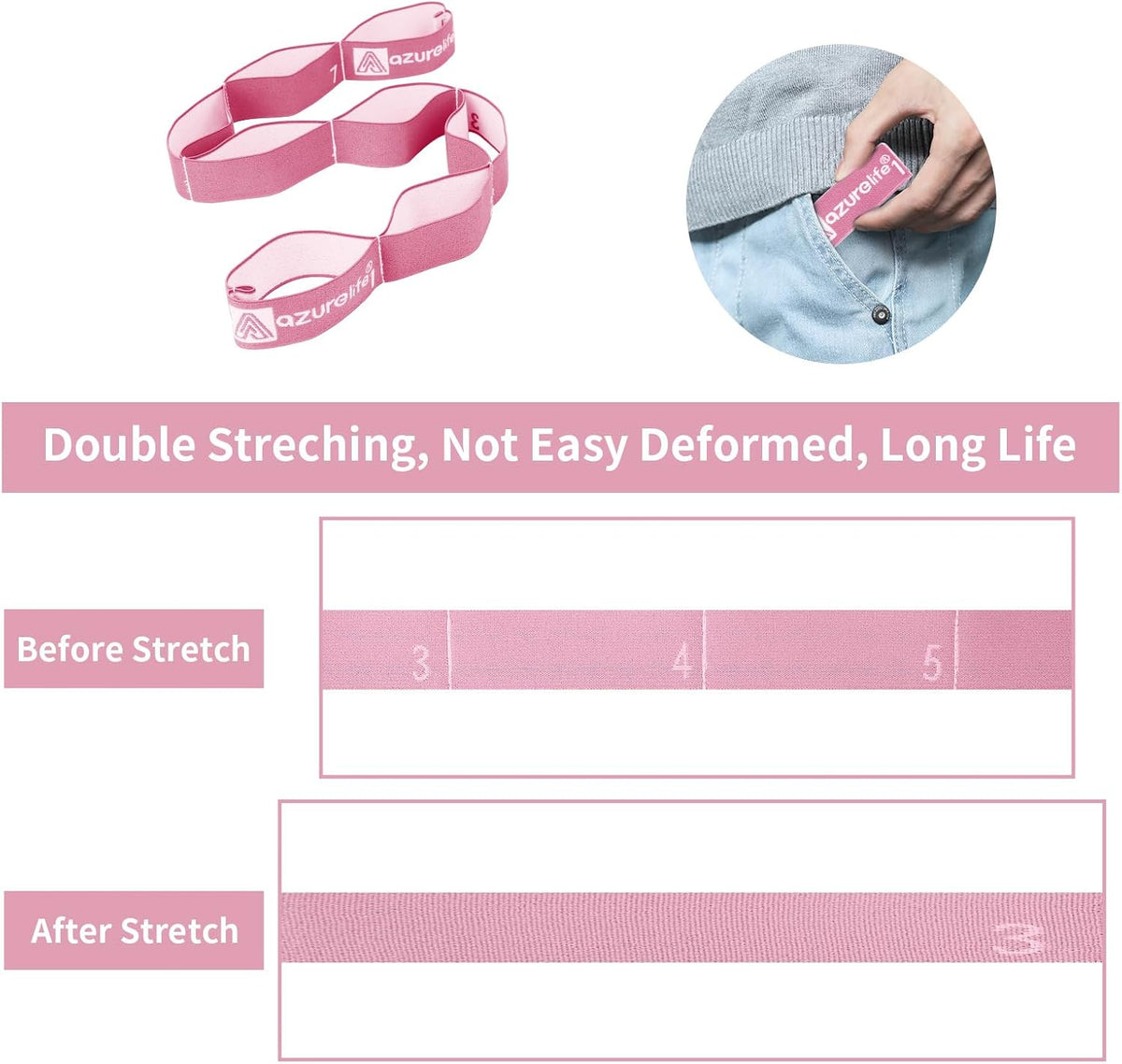 A AZURELIFE Elastic Yoga Stretching Strap, Multi-Loop Stretch Strap for Physical Therapy, Pilates, Yoga, Dance & Gymnastics Exercise and Flexible Pilates Stretch Band
