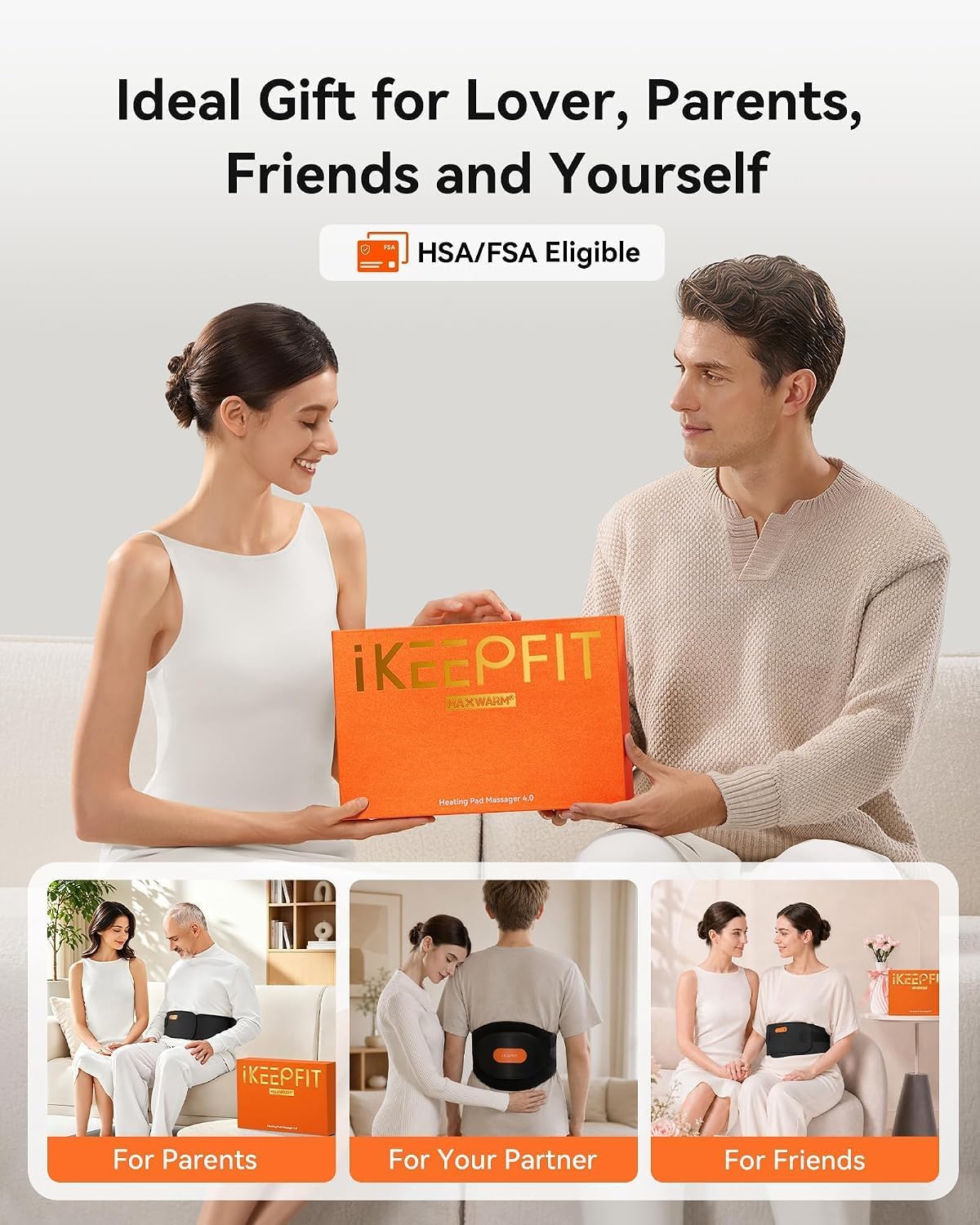 IKEEPFIT Portable Heating Pad for Back, Cordless Wearable Heat Belt with Massager for Lower Back Pain Relief, Battery Powered 8000 mAh Rechargeable, MAXwarm® 3.0, Gift for Women Men 90-310 lbs