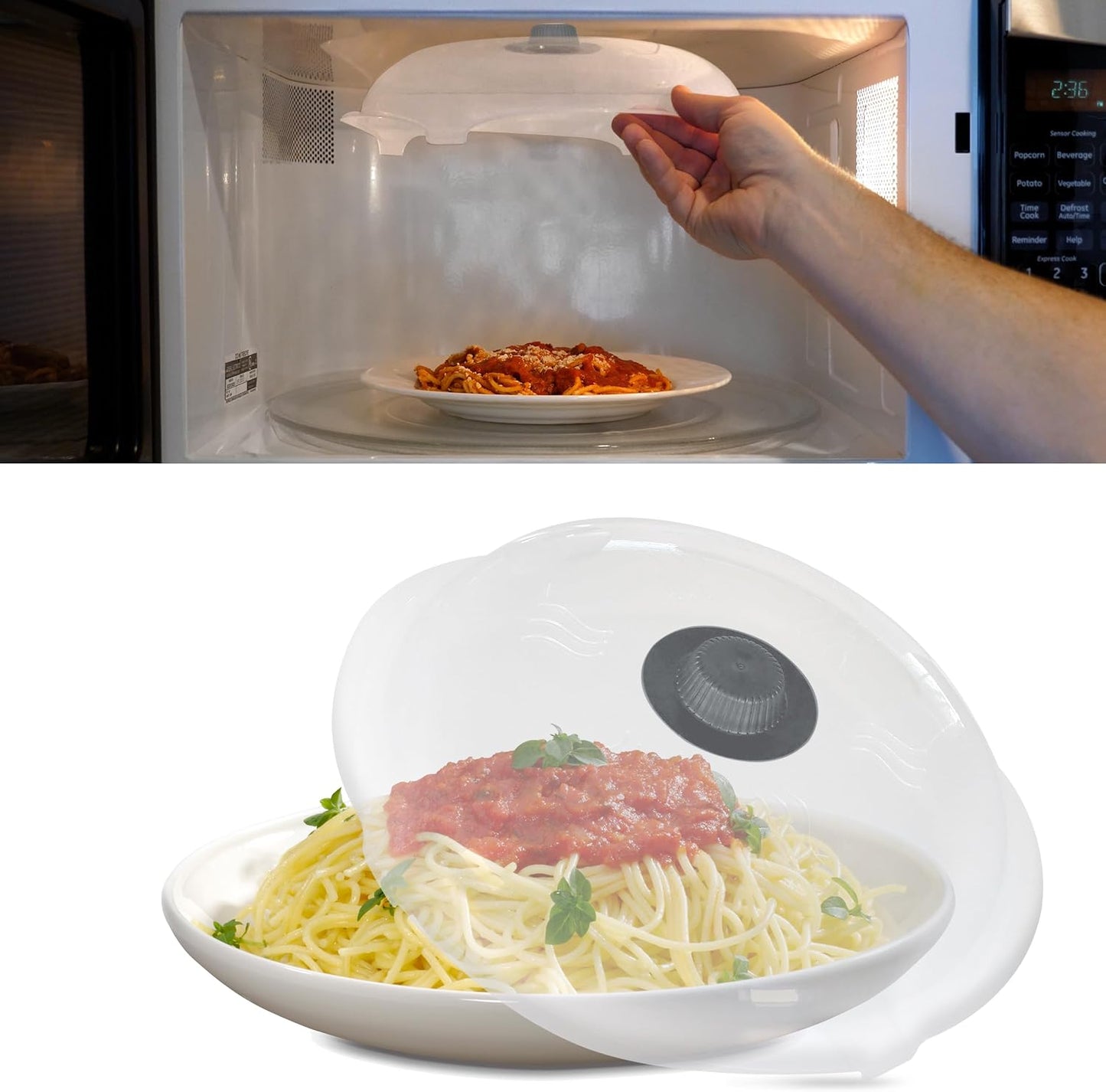 HOVER COVER Magnetic Microwave Splatter Cover for Food, 12-Inch - Black | Highest Power Magnetic Grip, BPA-Free Food Lid, Upgraded Handle, Vented Plate Guard, Dishwasher Safe, Space-Saving Storage