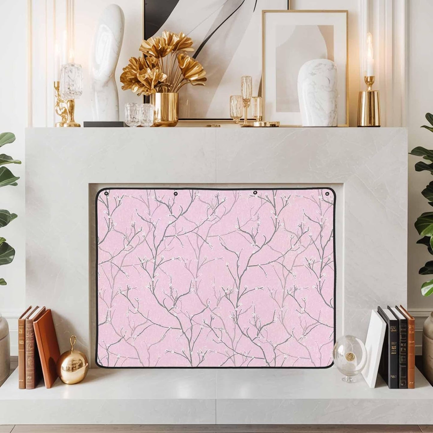 Magnetic Fireplace Cover White Vines Fireplace Screen Decorative Flowers Leaves Tree Branches Insulation Fireplace Blocker Blanket Save Energy Fireplace Draft Stopper Covers for Living Room 39x32 Inch