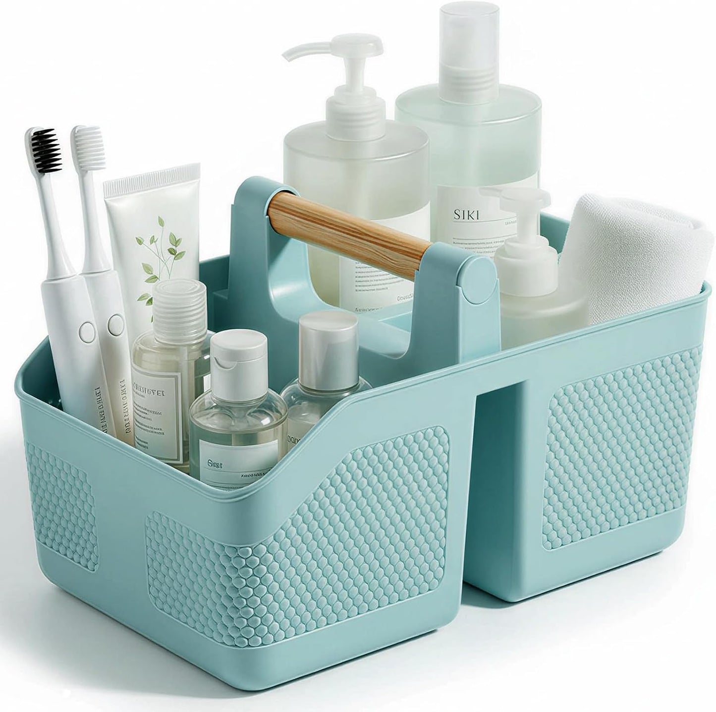 Plastic Shower Caddy Portable Shower Basket with Bamboo Handle, White | Cleaning Caddy Organizer Storage Tote for Bathroom, College Dorm Essentials, Bath Toy Storage