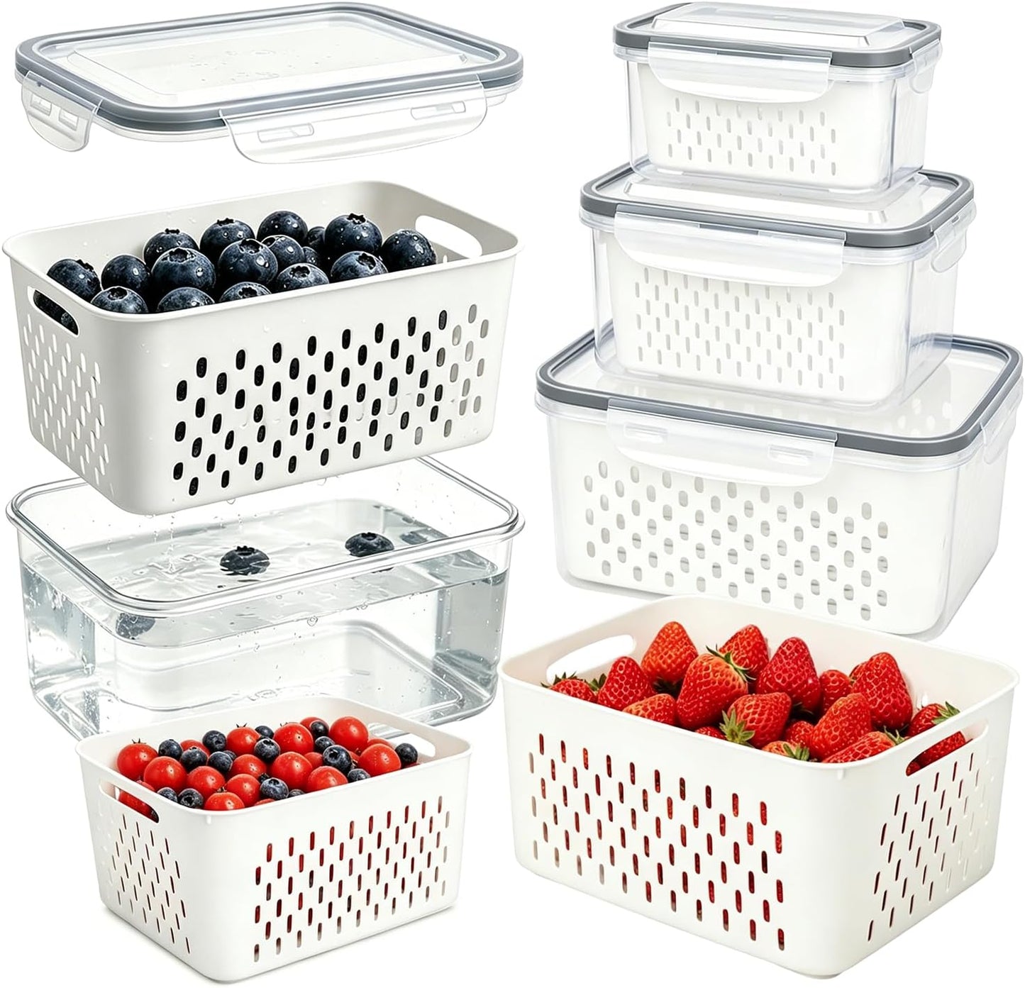 Fruit Containers 3Pcs – 4-in-1 with Removable Colanders & Lids, Fridge Fresh Storage, Dishwasher Safe
