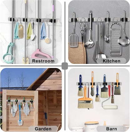 Mop Broom Holder Wall Mount, Gold Stainless Steel Tool Storage Organizer for Kitchen Garden Garage Laundry Room Bathroom and RV with 4 Slots 6 Hooks