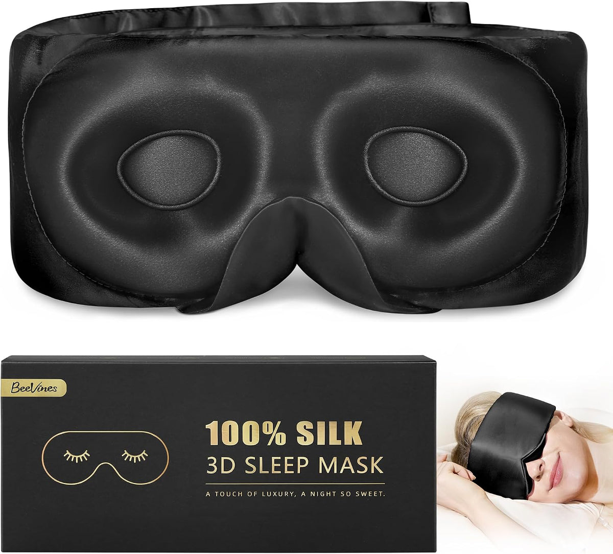 BeeVines Luxury Pure 100% Silk Sleep Mask for Women, 3D Contoured Eye Mask