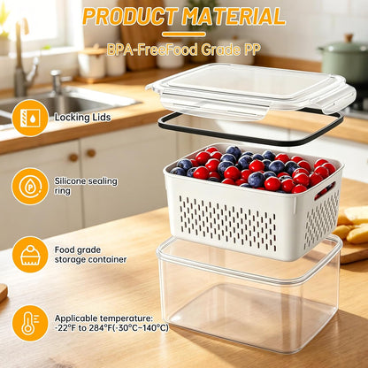 3 Pack Fruit Storage Containers for Fridge with Removable Colander | 3 BPA-free produce storage containers with colanders, airtight lids and stackable design for fruits and vegetables.
